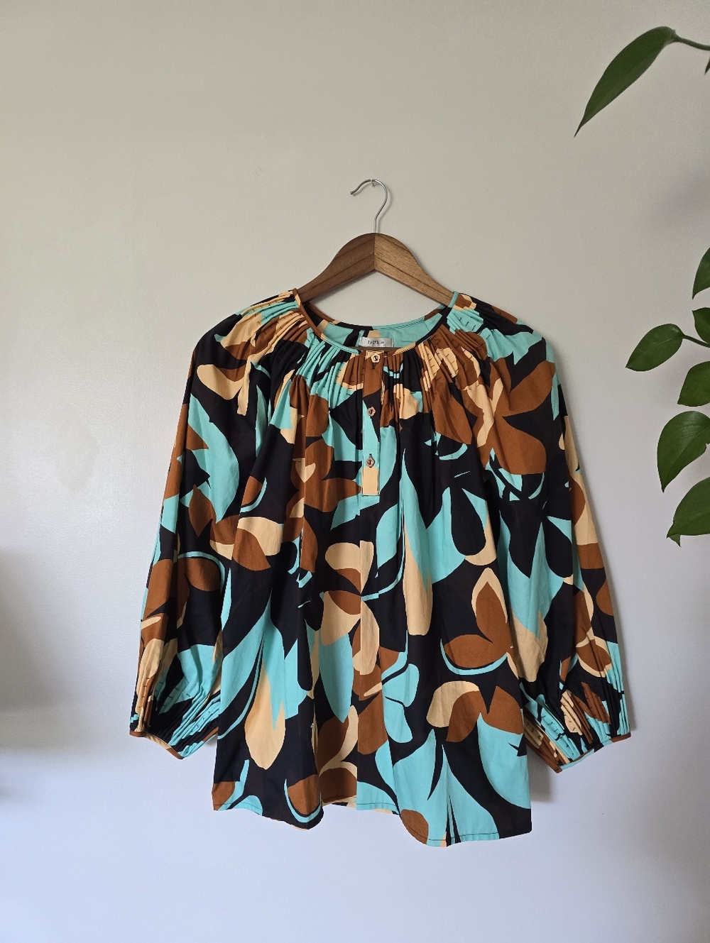 Tyler Boe Size Small Womens Cotton Blouse Brown Turqouise Aqua Puff Sleeve Top